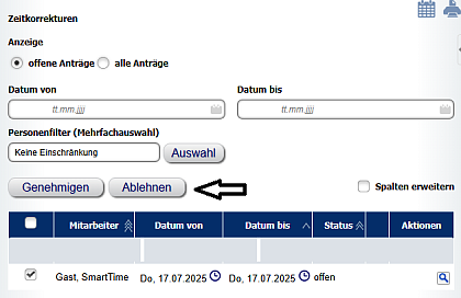 Zeitkorrektur genehmigen bzw. ablehnen