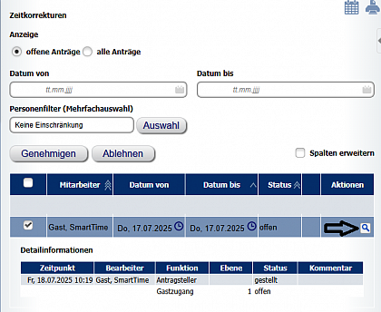 Antrag auf Zeitkorrektur - weitere Details laden